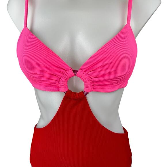 Beach Riot Kirsten Pink Red Colorblock One Piece Swim Bikini Swimsuit Swimwear M - Picture 3 of 4